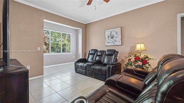 living room with ceiling fan, light tile patterned floors, and crown molding