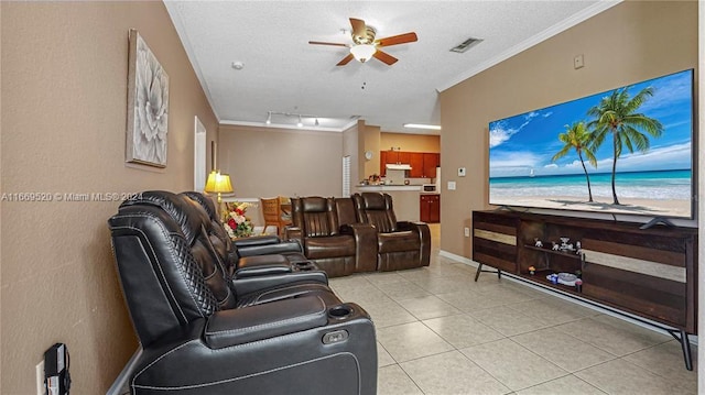 living room with ornamental molding, ceiling fan, light tile patterned flooring, and rail lighting