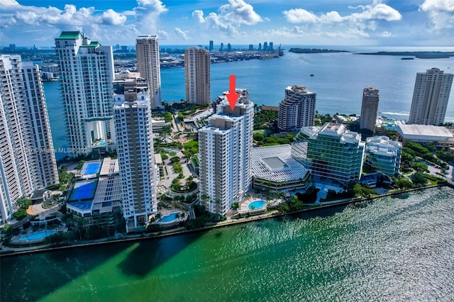 bird's eye view with a water view