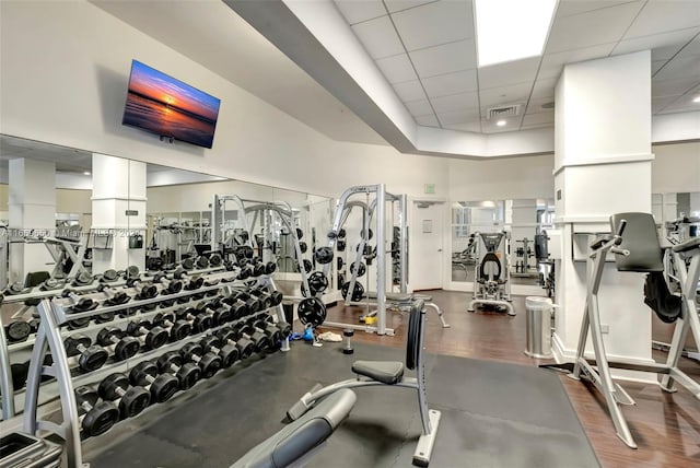 exercise room with a drop ceiling, a towering ceiling, and dark hardwood / wood-style flooring