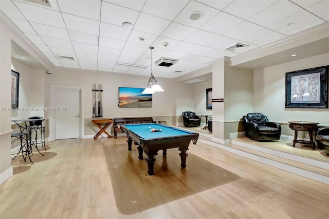 recreation room featuring a drop ceiling, light wood-type flooring, and billiards