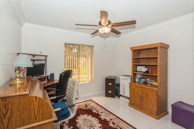 office with ceiling fan, light tile patterned flooring, and crown molding