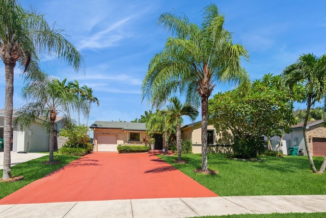 ranch-style home featuring decorative driveway, a front yard, and an attached garage