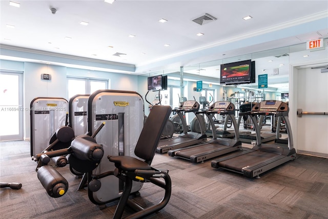 workout area featuring ornamental molding and carpet