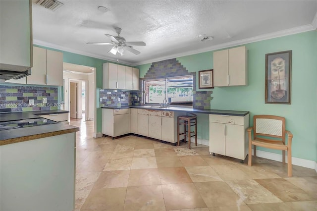 kitchen with backsplash, plenty of natural light, ornamental molding, and ceiling fan