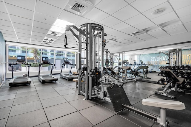 workout area featuring a wall of windows and a paneled ceiling