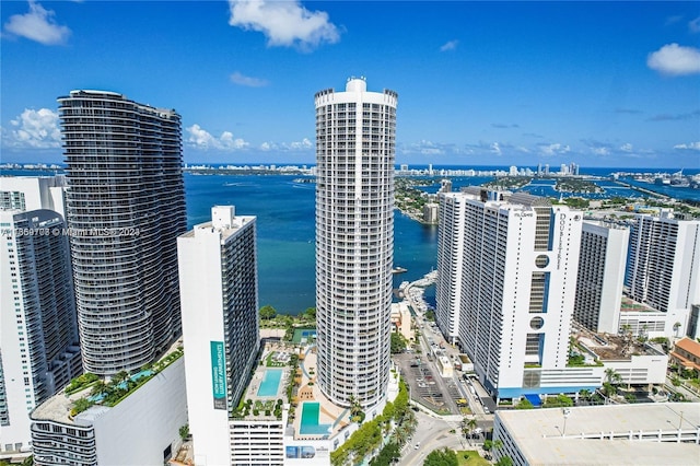 aerial view featuring a water view