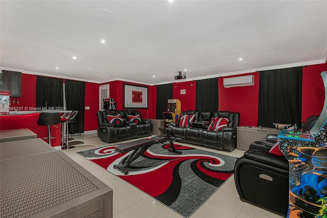 cinema room featuring crown molding and a wall unit AC