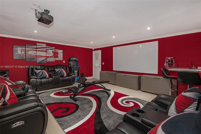 cinema room with a textured ceiling and crown molding