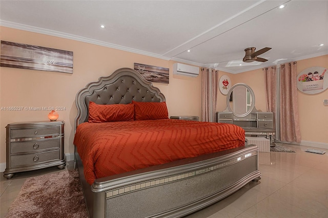 tiled bedroom featuring ceiling fan, crown molding, and a wall mounted AC