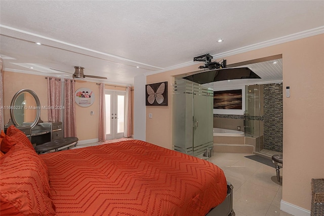 bedroom featuring a textured ceiling, crown molding, and french doors