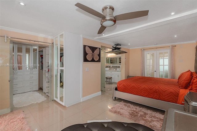 bedroom featuring ornamental molding, ceiling fan, light tile patterned flooring, and french doors