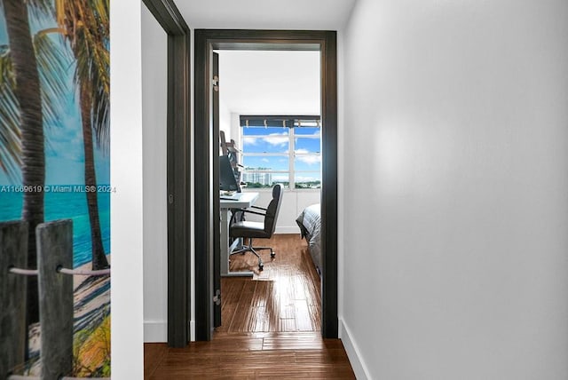 hall with floor to ceiling windows and dark hardwood / wood-style floors