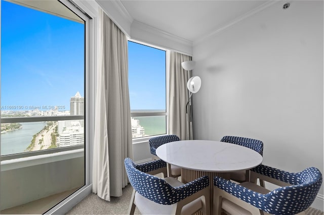 dining room with a water view and ornamental molding