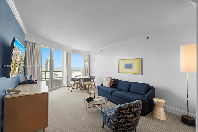 living room with light colored carpet and ornamental molding