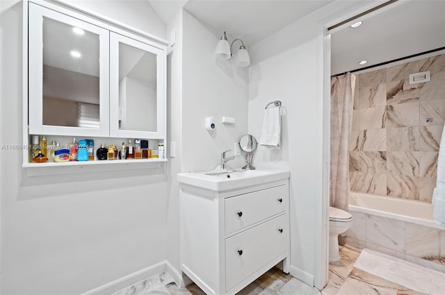 full bathroom featuring vanity, toilet, and shower / bathtub combination with curtain