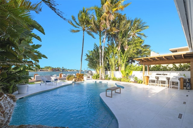 view of pool featuring a patio and pool water feature