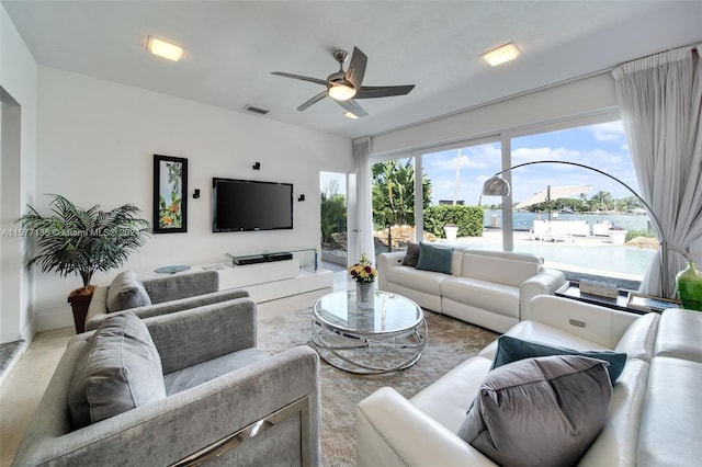 living room featuring ceiling fan