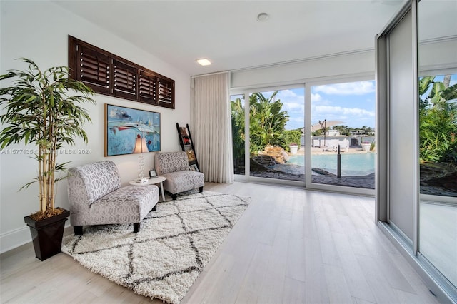 living area with light hardwood / wood-style flooring