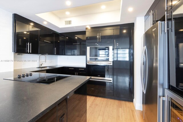 kitchen with appliances with stainless steel finishes, a tray ceiling, sink, and light hardwood / wood-style flooring