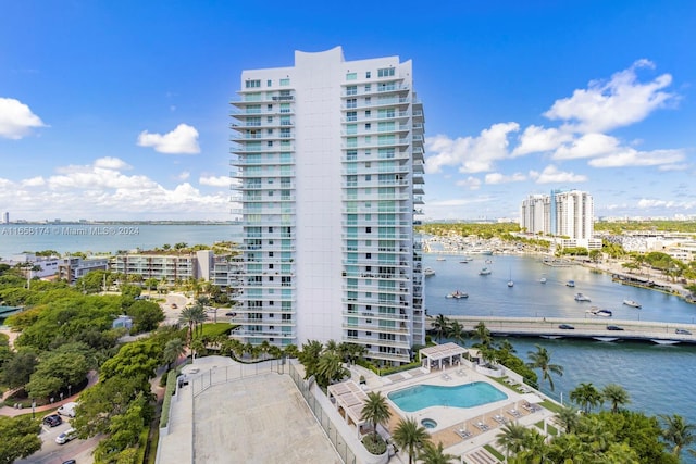 exterior space with a water view