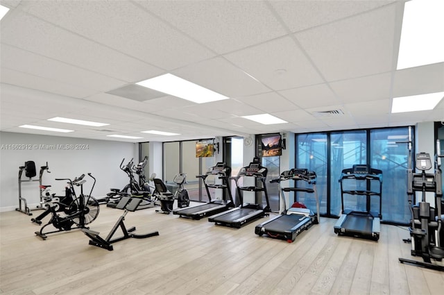 workout area with wood-type flooring, floor to ceiling windows, and a paneled ceiling