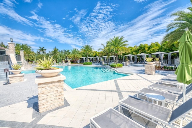 view of swimming pool featuring a patio