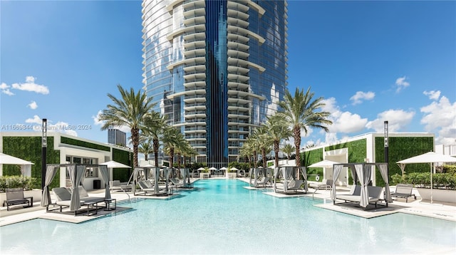 view of swimming pool featuring a patio