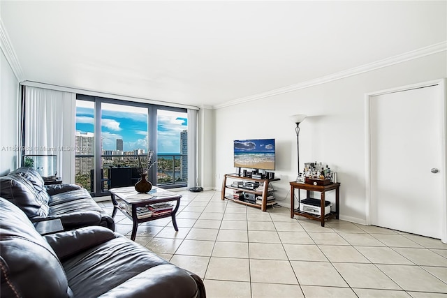 tiled living room with floor to ceiling windows and crown molding