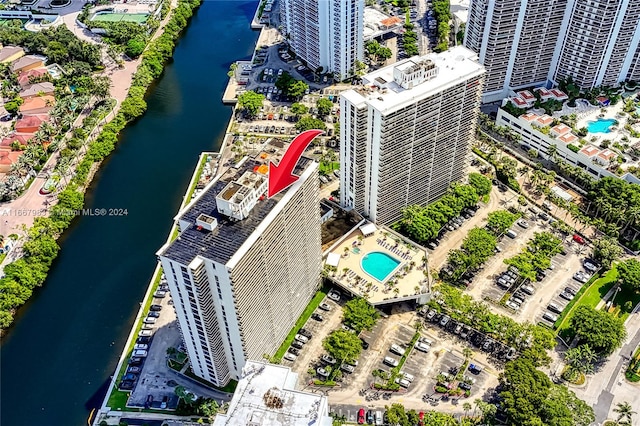 drone / aerial view with a water view