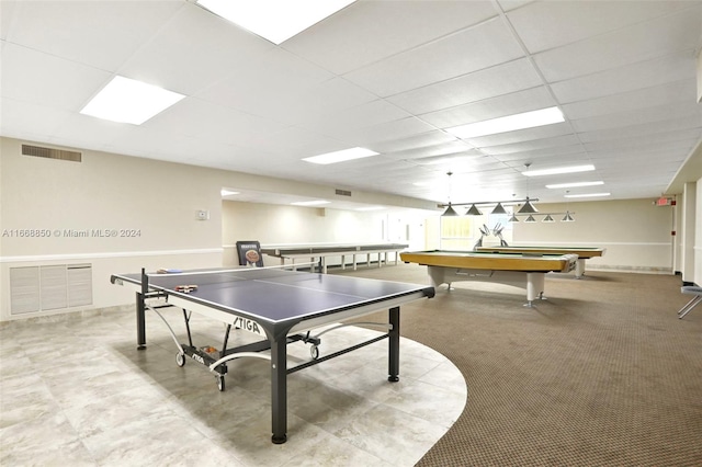 game room featuring a drop ceiling and pool table