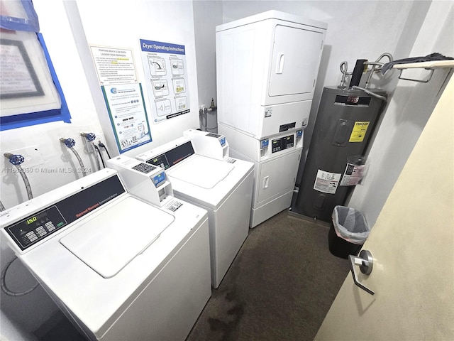 laundry area with water heater, washing machine and dryer, and stacked washing maching and dryer