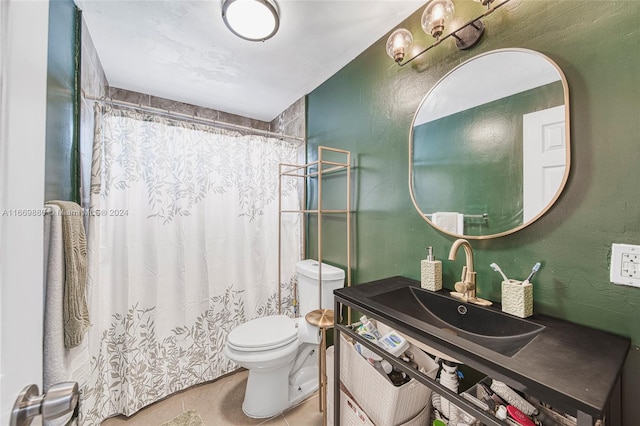 bathroom featuring vanity, tile patterned flooring, toilet, and curtained shower