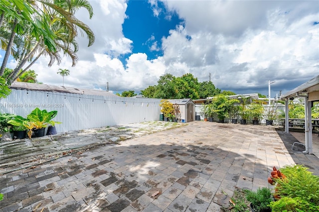 view of patio / terrace featuring a shed