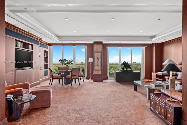 living room featuring carpet and a raised ceiling