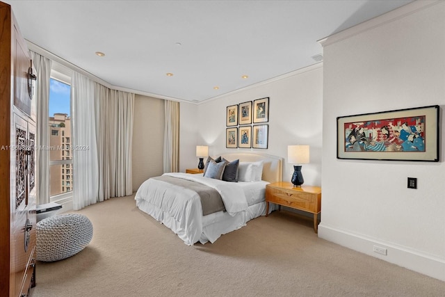 carpeted bedroom with crown molding