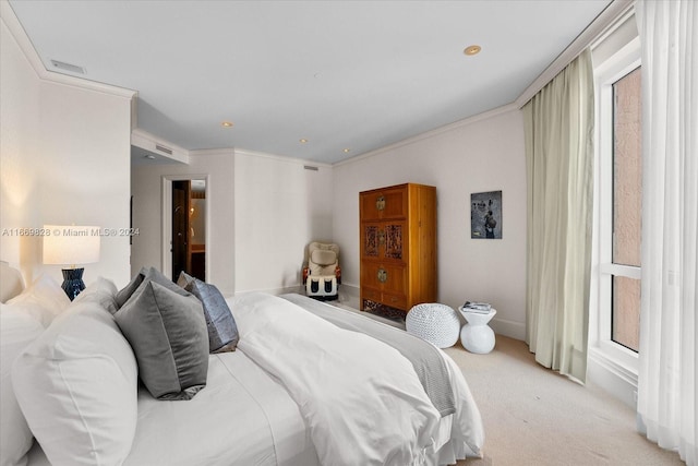 carpeted bedroom with crown molding and multiple windows