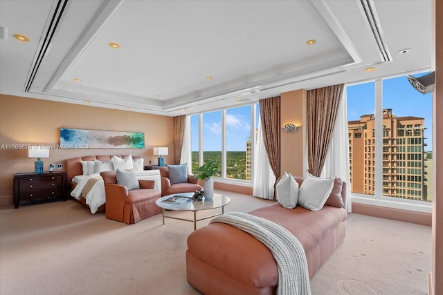 carpeted bedroom with a tray ceiling