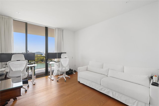 office space featuring hardwood / wood-style floors, a wall of windows, and a wealth of natural light