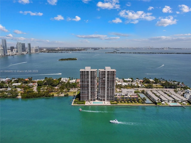 drone / aerial view featuring a water view