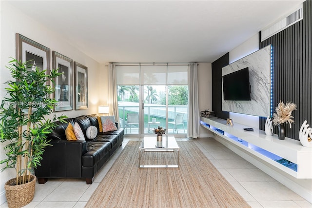 living room featuring light tile patterned floors