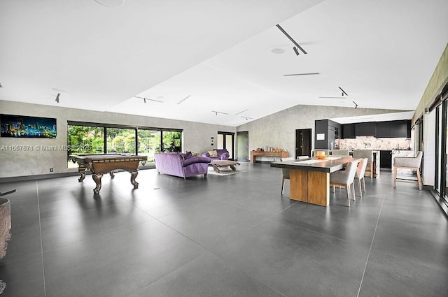 game room with billiards and vaulted ceiling