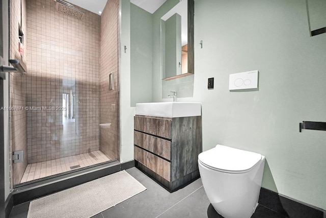 bathroom with vanity, a shower with shower door, concrete floors, and toilet