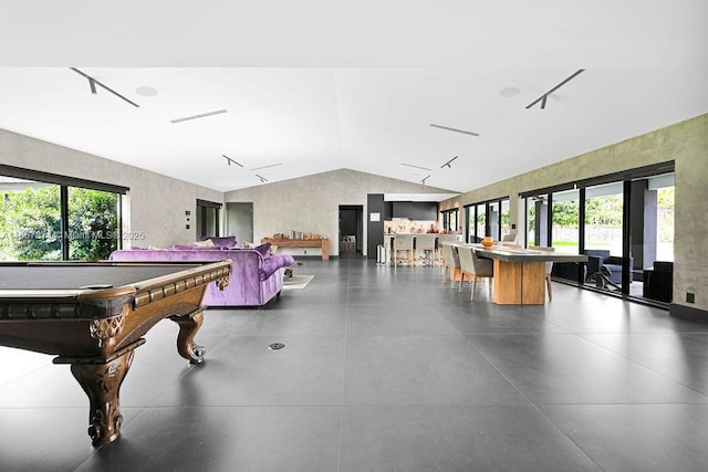 rec room featuring concrete flooring, lofted ceiling, and a healthy amount of sunlight