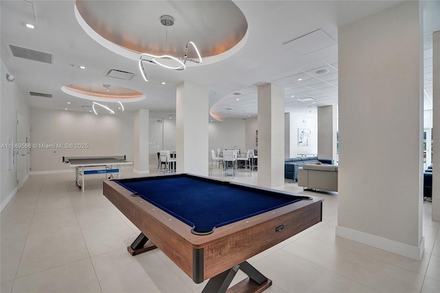 playroom with light tile patterned floors, visible vents, a tray ceiling, and pool table