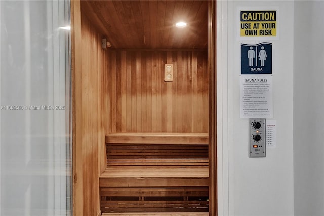 view of sauna featuring recessed lighting