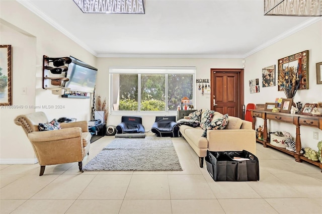 tiled living room with crown molding and baseboards