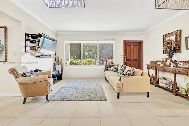 living area featuring crown molding, tile patterned flooring, and baseboards