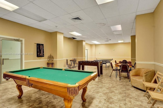 playroom with a paneled ceiling, visible vents, pool table, and light tile patterned floors