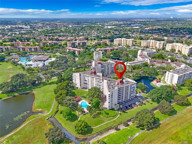 drone / aerial view with a water view